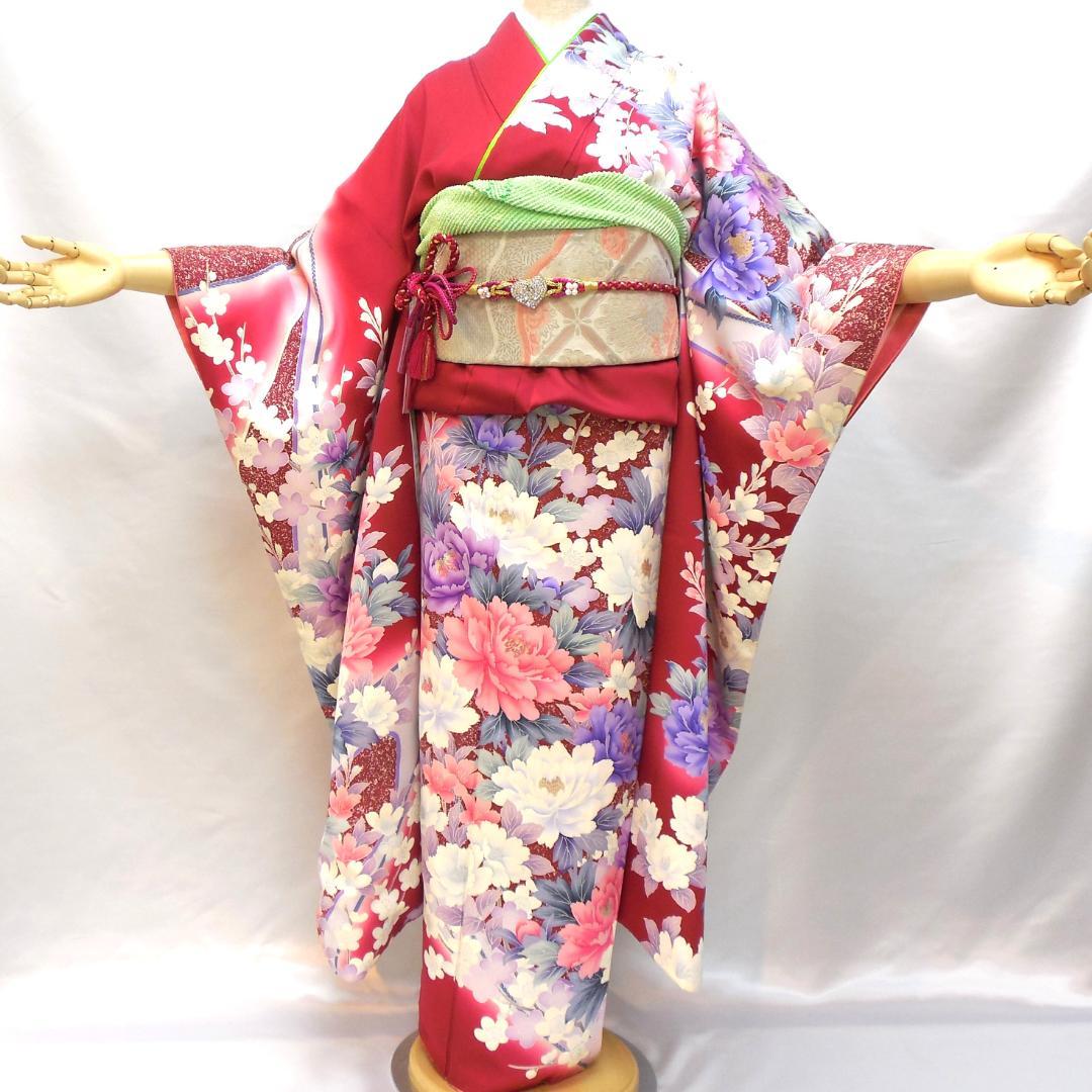 極美品★振袖フルセット　正絹　成人式　振袖　7点セット　Mサイズ　レッド系　花柄
