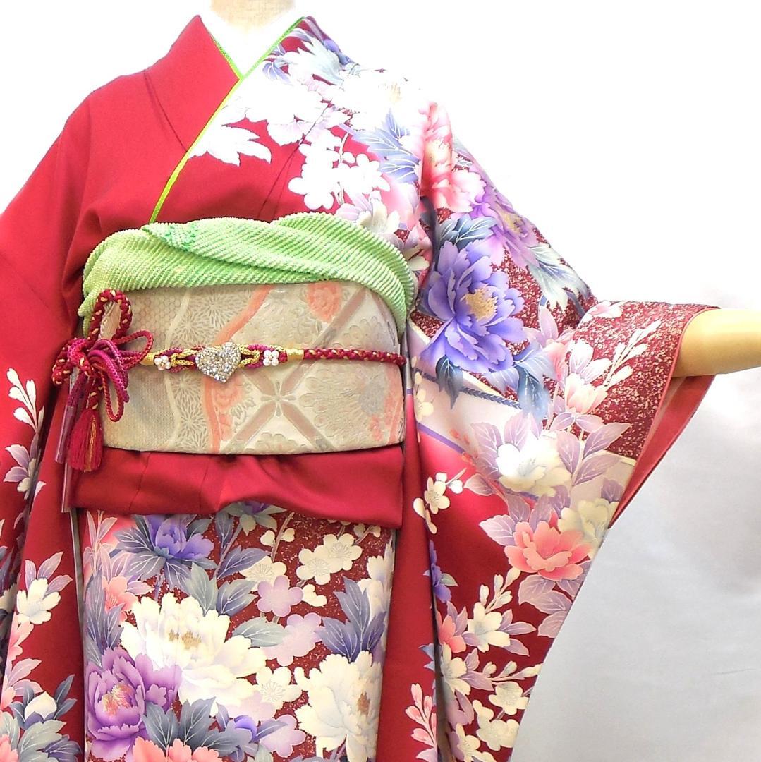 極美品★振袖フルセット　正絹　成人式　振袖　7点セット　Mサイズ　レッド系　花柄