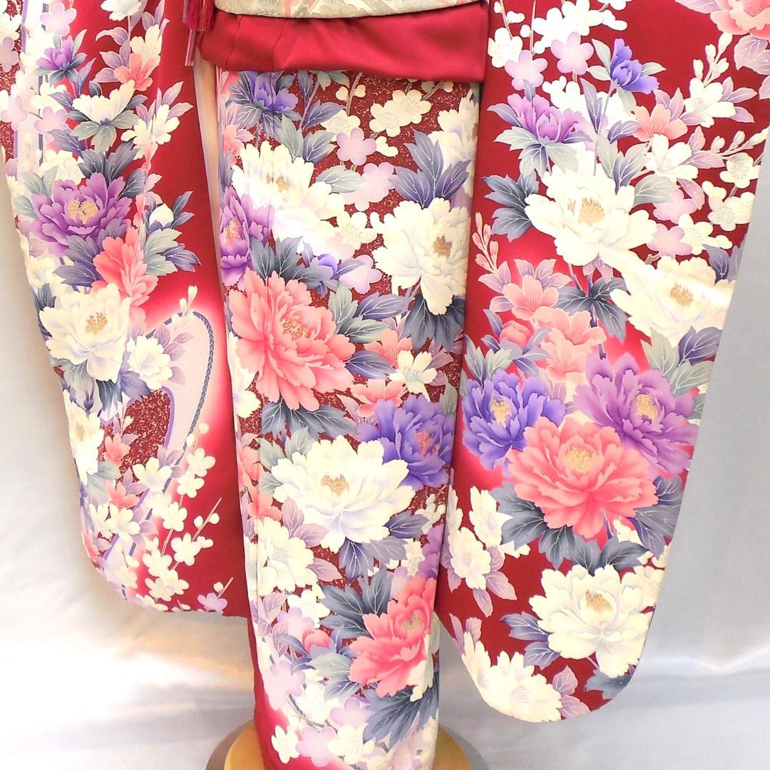 極美品★振袖フルセット　正絹　成人式　振袖　7点セット　Mサイズ　レッド系　花柄