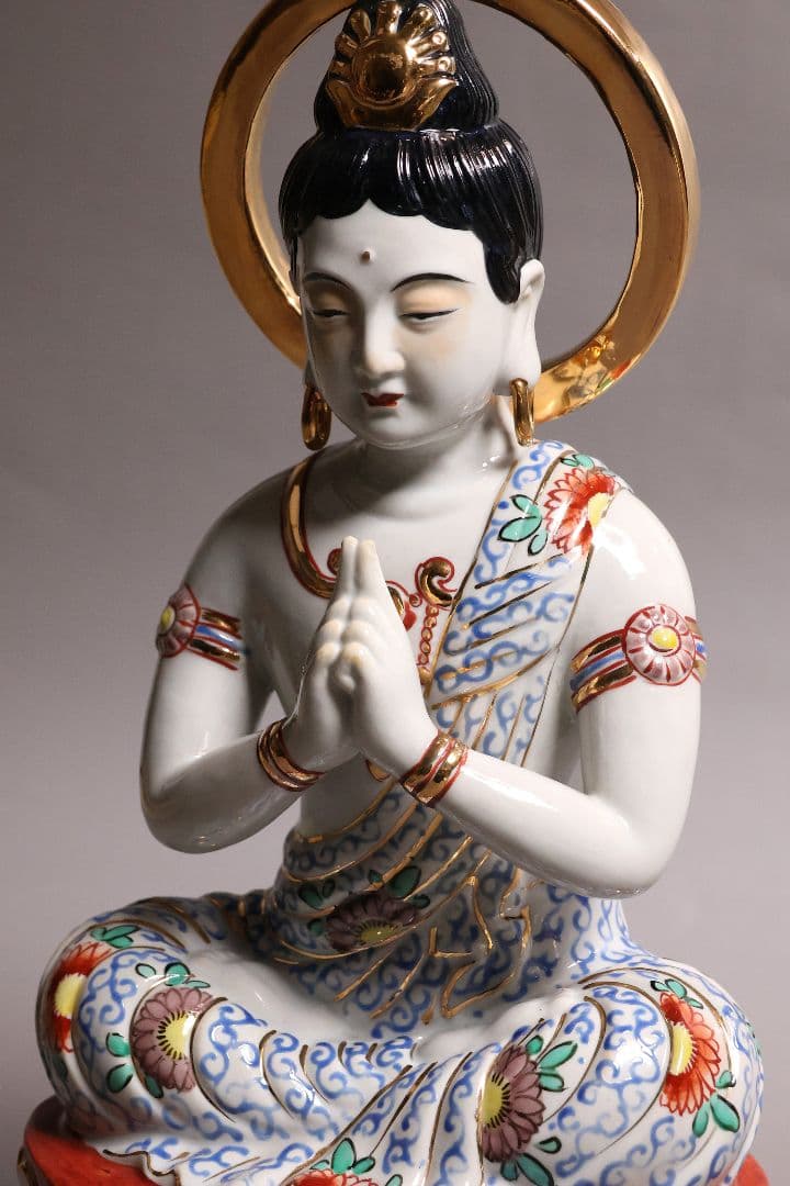 九谷焼 観音菩薩坐像 36.5cm 金彩 色絵 置物 仏像 陶磁器【MA816】