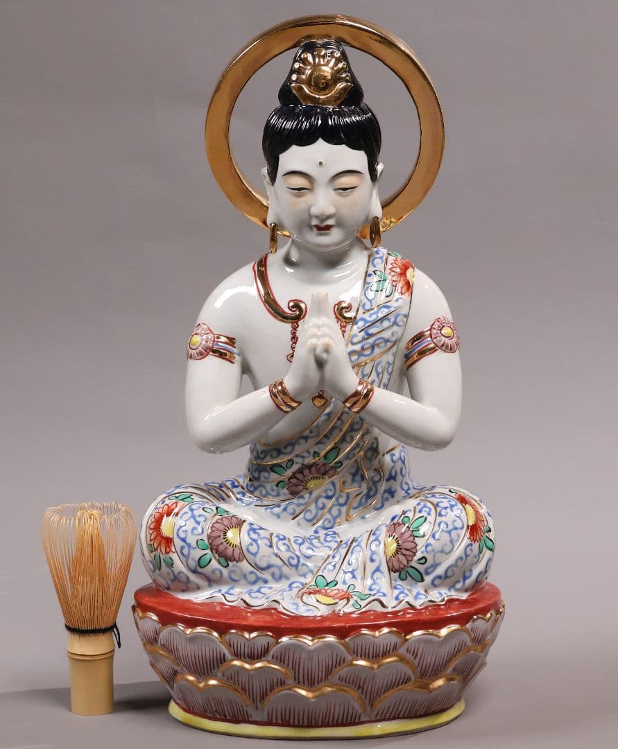 九谷焼 観音菩薩坐像 36.5cm 金彩 色絵 置物 仏像 陶磁器【MA816】