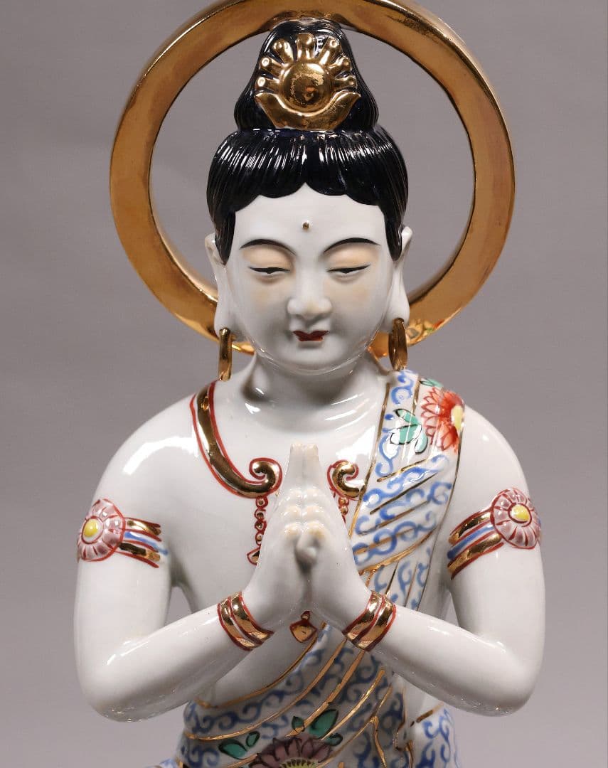 九谷焼 観音菩薩坐像 36.5cm 金彩 色絵 置物 仏像 陶磁器【MA816】