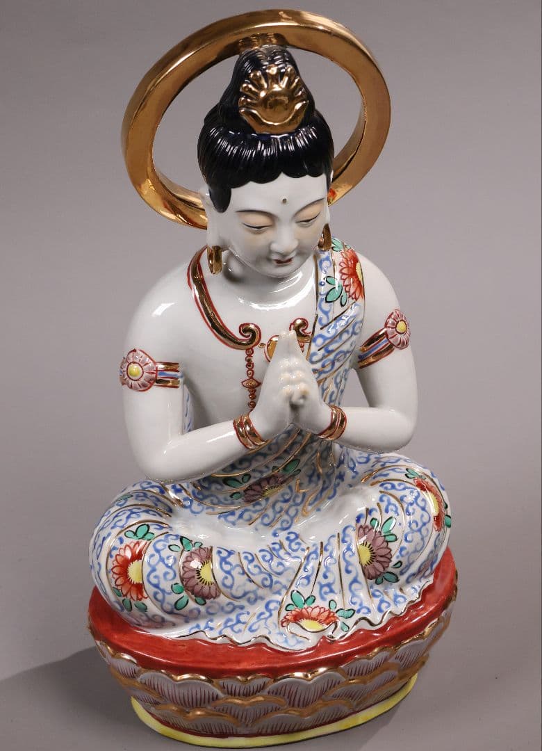 九谷焼 観音菩薩坐像 36.5cm 金彩 色絵 置物 仏像 陶磁器【MA816】