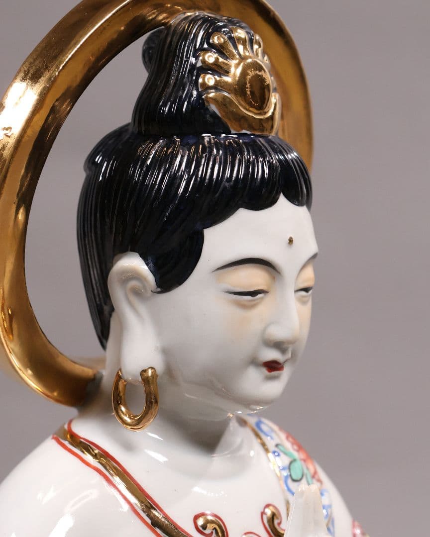 九谷焼 観音菩薩坐像 36.5cm 金彩 色絵 置物 仏像 陶磁器【MA816】