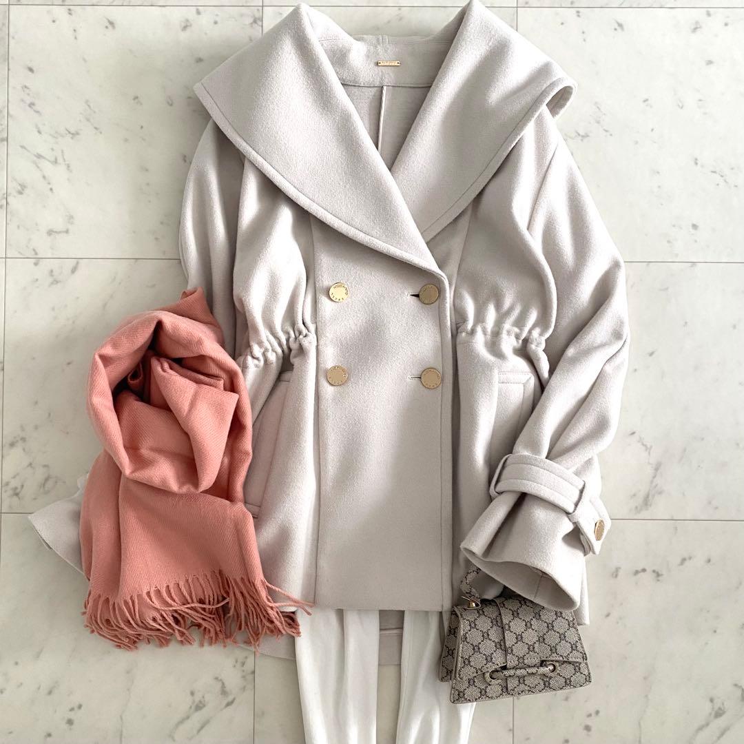 美品 モラビトスペル ウエストシェイプ ショールカラーコート 金ボタン 38