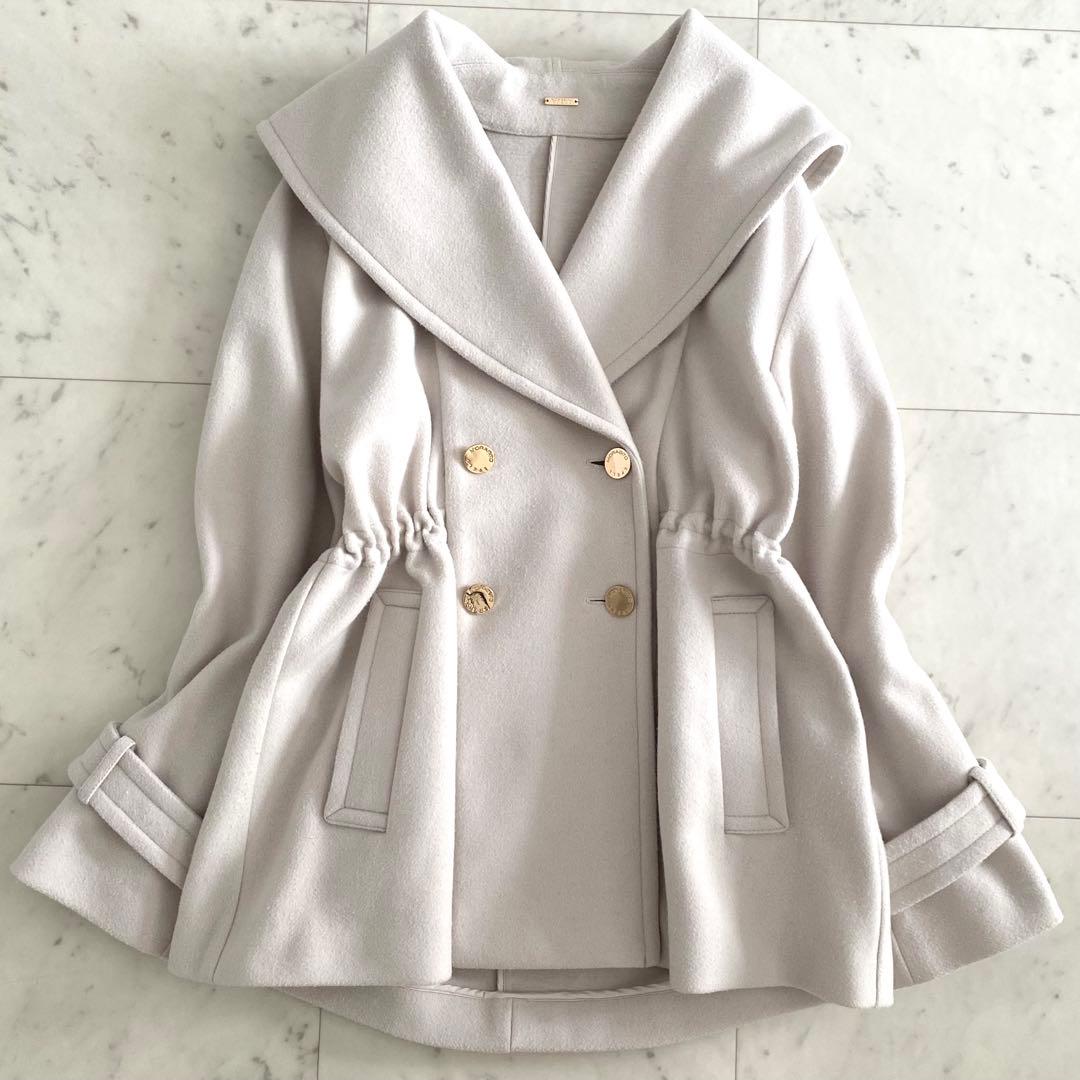 美品 モラビトスペル ウエストシェイプ ショールカラーコート 金ボタン 38