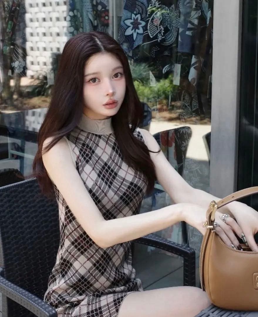 ダーリッチ　チェックジャガードノースリニットミニワンピース