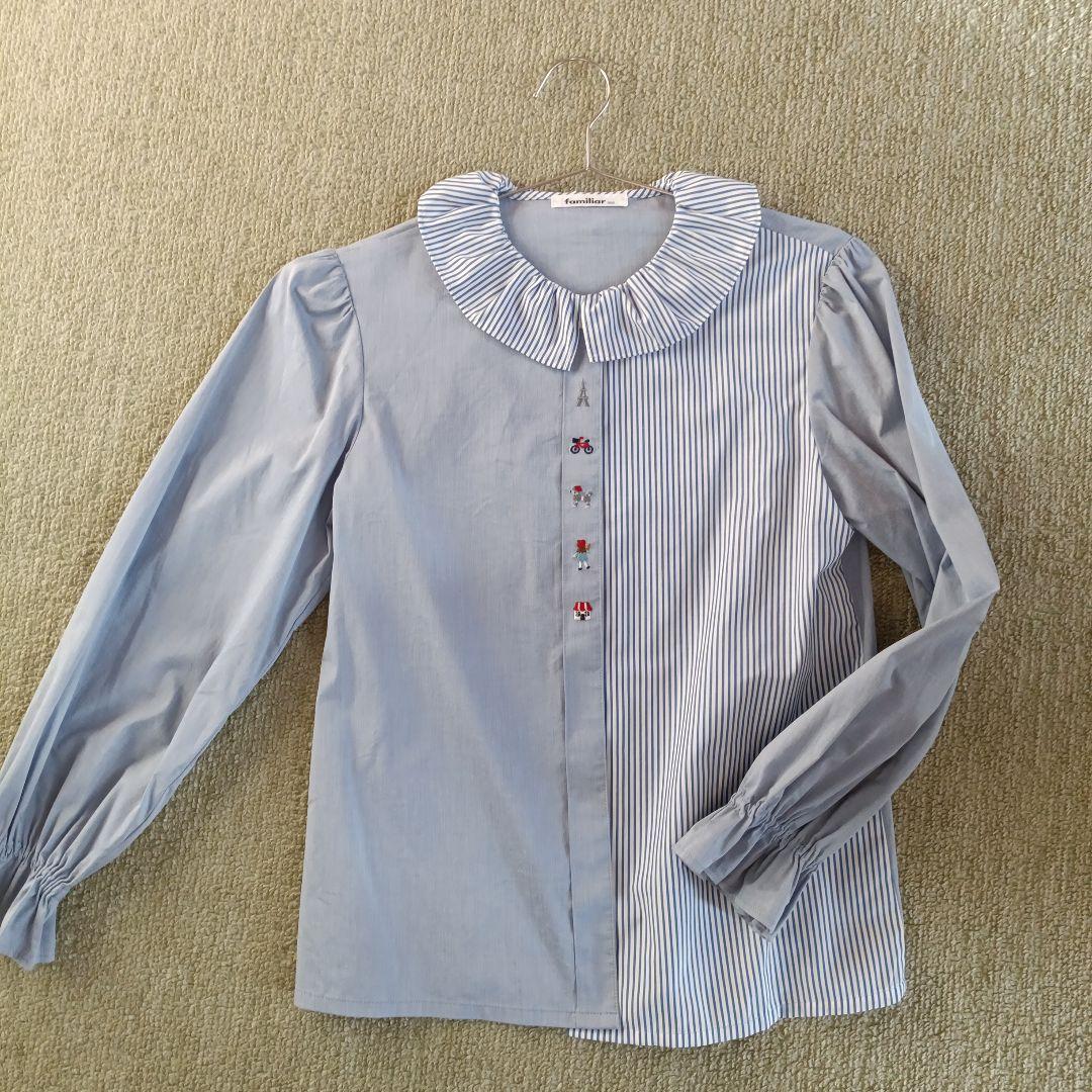 週末価格★美品‼️【familiar】 160 ストライプ襟付き長袖シャツ★