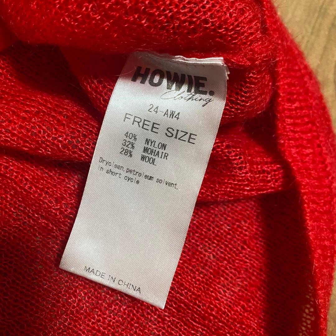 美品【HOWIE】ポロニットカーディガン レッド モヘヤ混 フリー