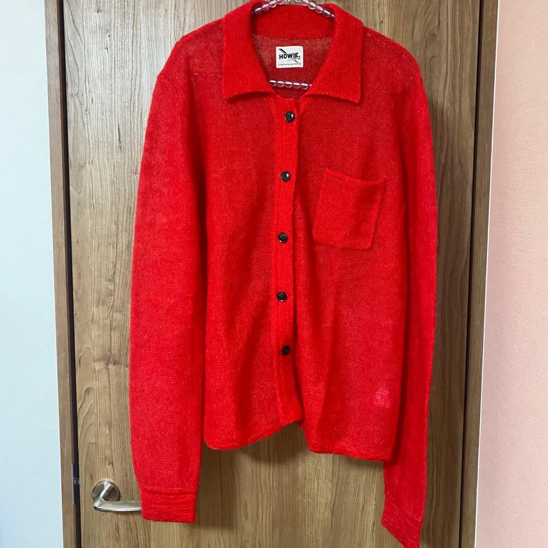 美品【HOWIE】ポロニットカーディガン レッド モヘヤ混 フリー