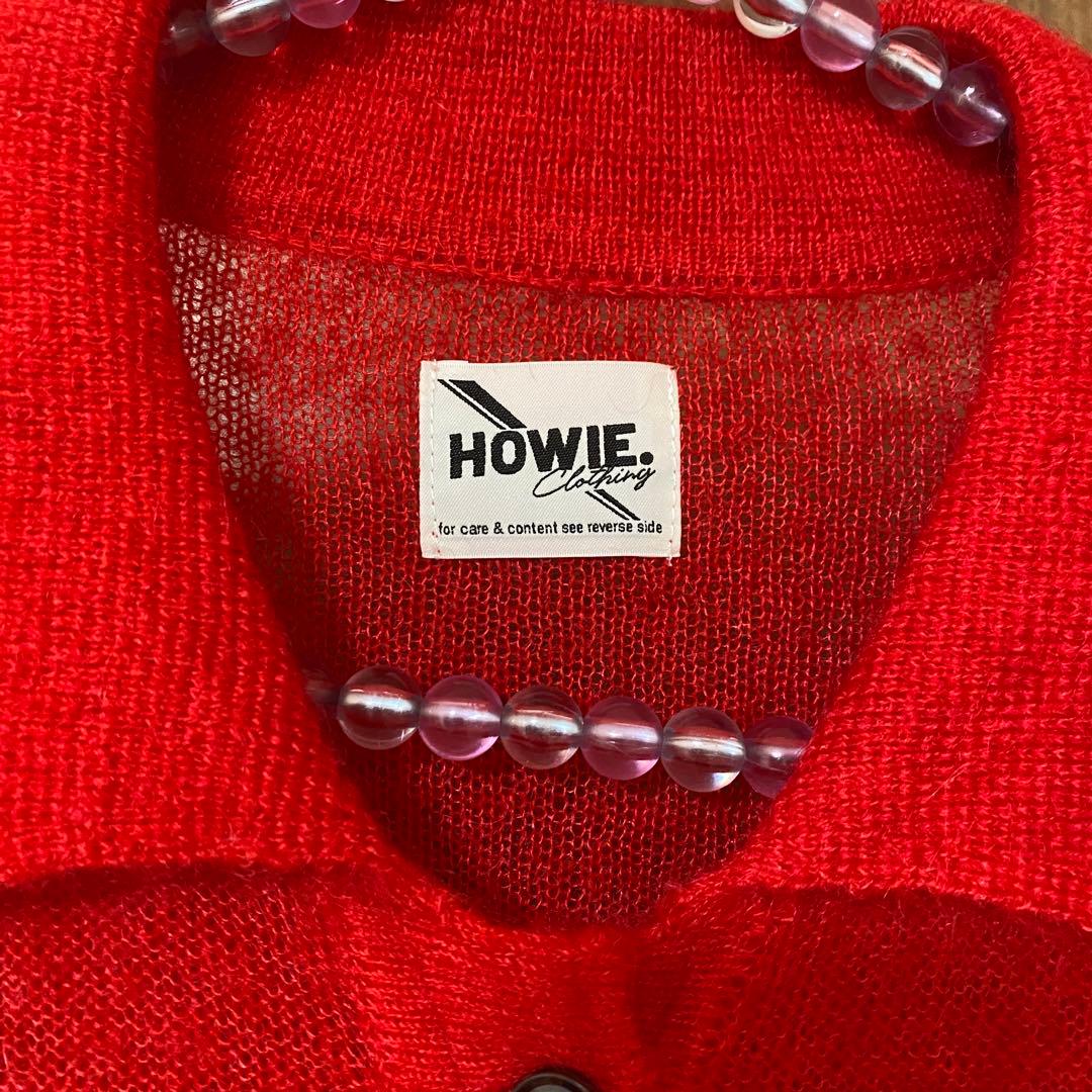 美品【HOWIE】ポロニットカーディガン レッド モヘヤ混 フリー