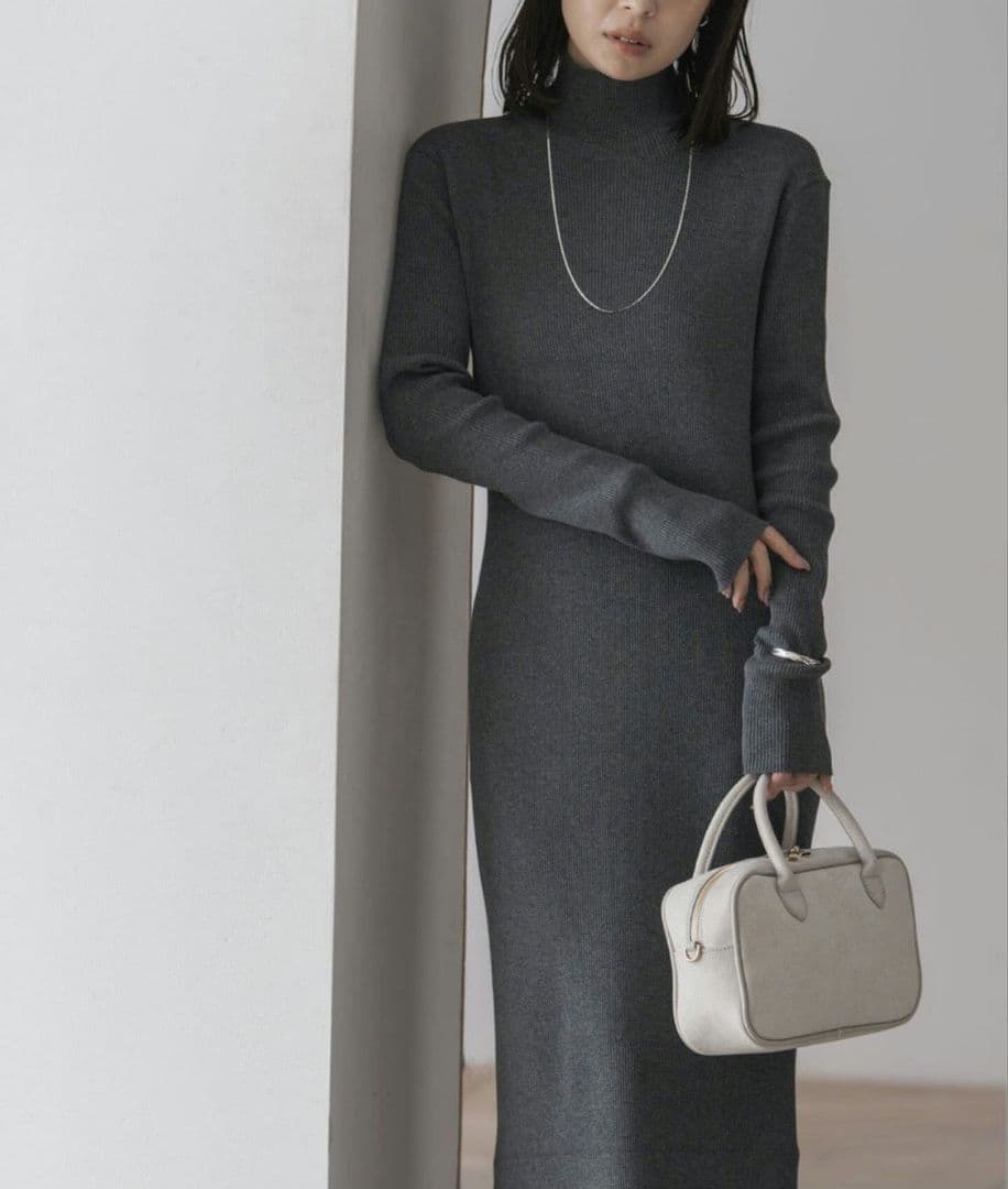 【NOBLE】 完売品 RY/PLリブハイネックロングワンピース サイズ38