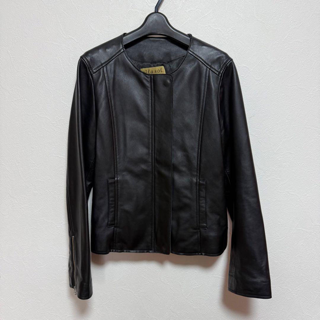 もりのがっこう　ラムレザー ノーカラージャケットブルゾン　ライダースジャケット