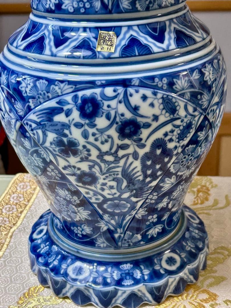 龍峯窯　 花風流　染付　花更紗　花鳥文　花瓶