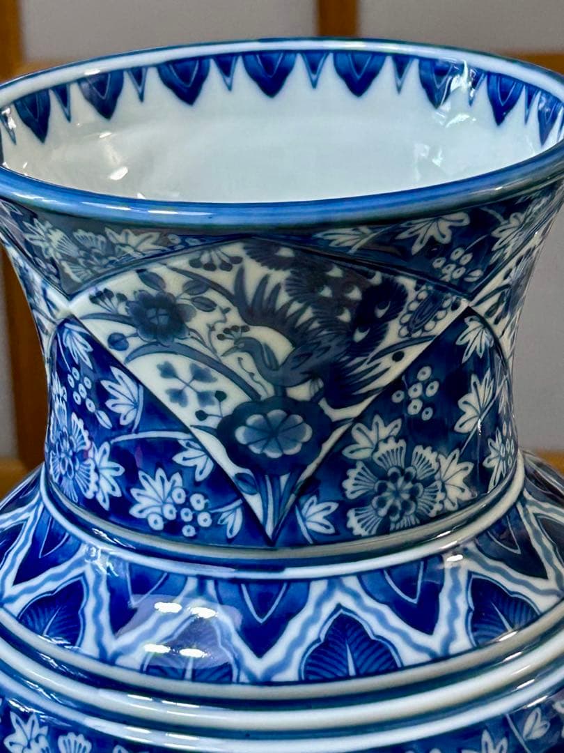 龍峯窯　 花風流　染付　花更紗　花鳥文　花瓶