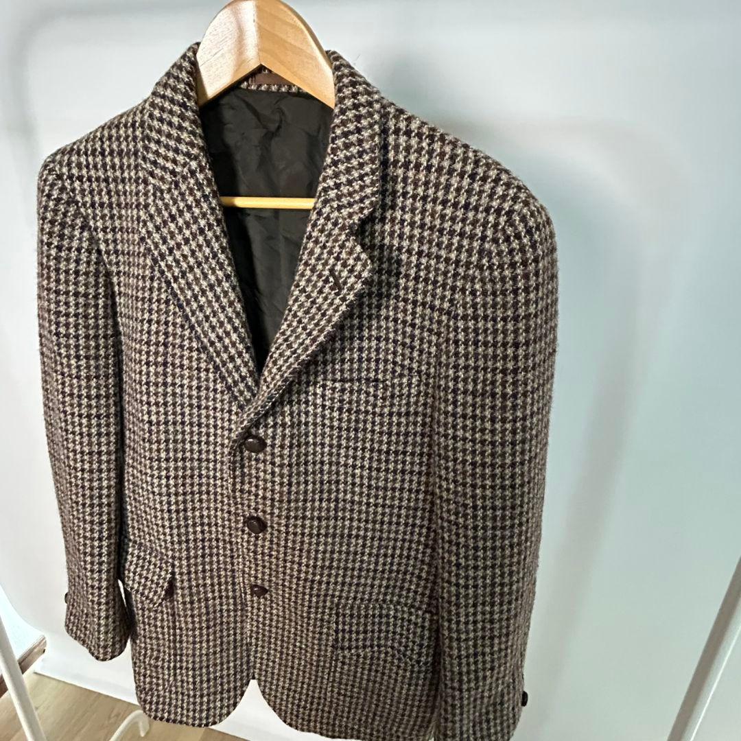 ウール　テーラードジャケット　レトロ　千鳥柄　総柄　ハリスツイード