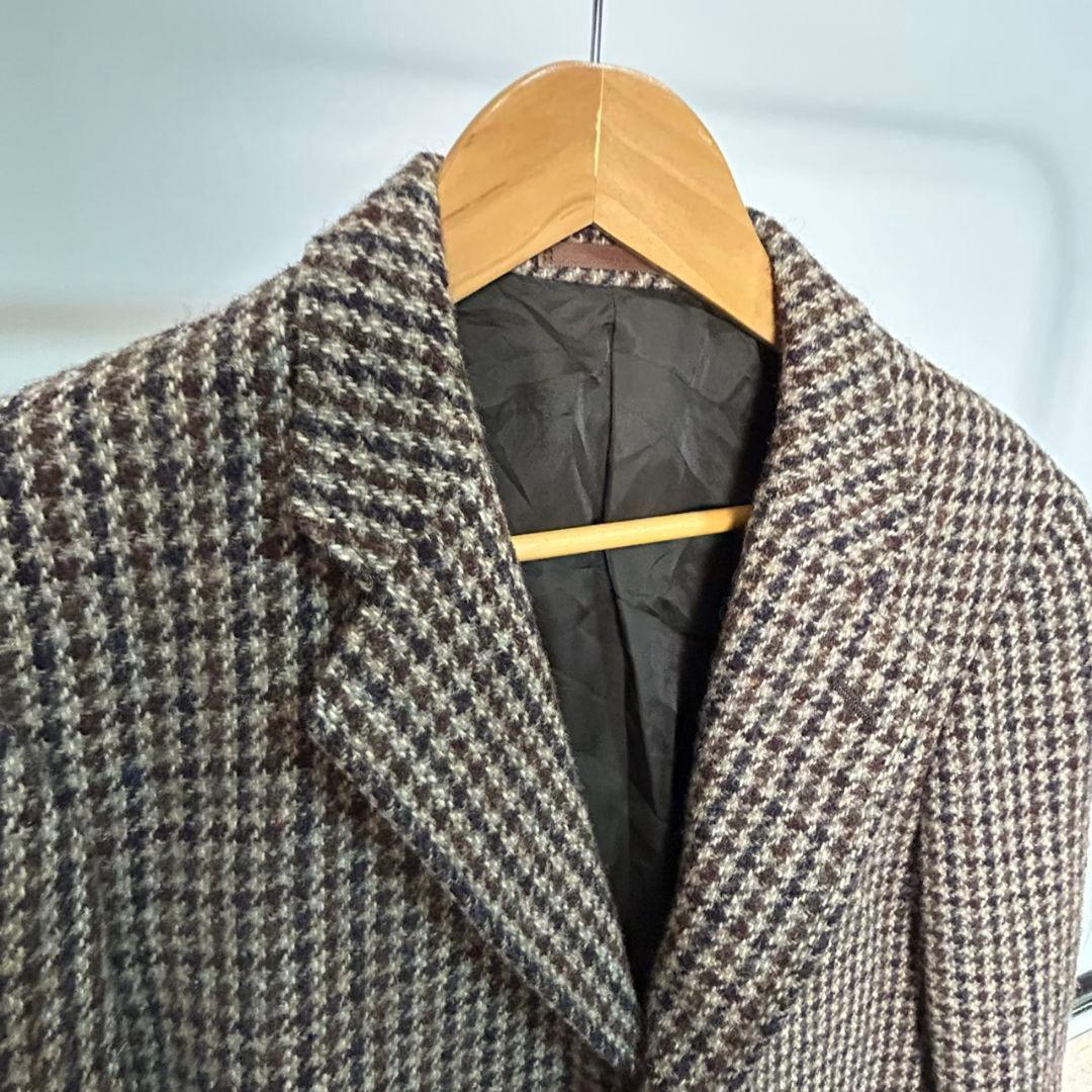 ウール　テーラードジャケット　レトロ　千鳥柄　総柄　ハリスツイード