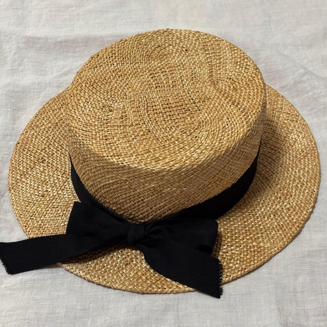 カワムラ帽子店　カンカン帽　千草　麦わら帽子 黒リボン