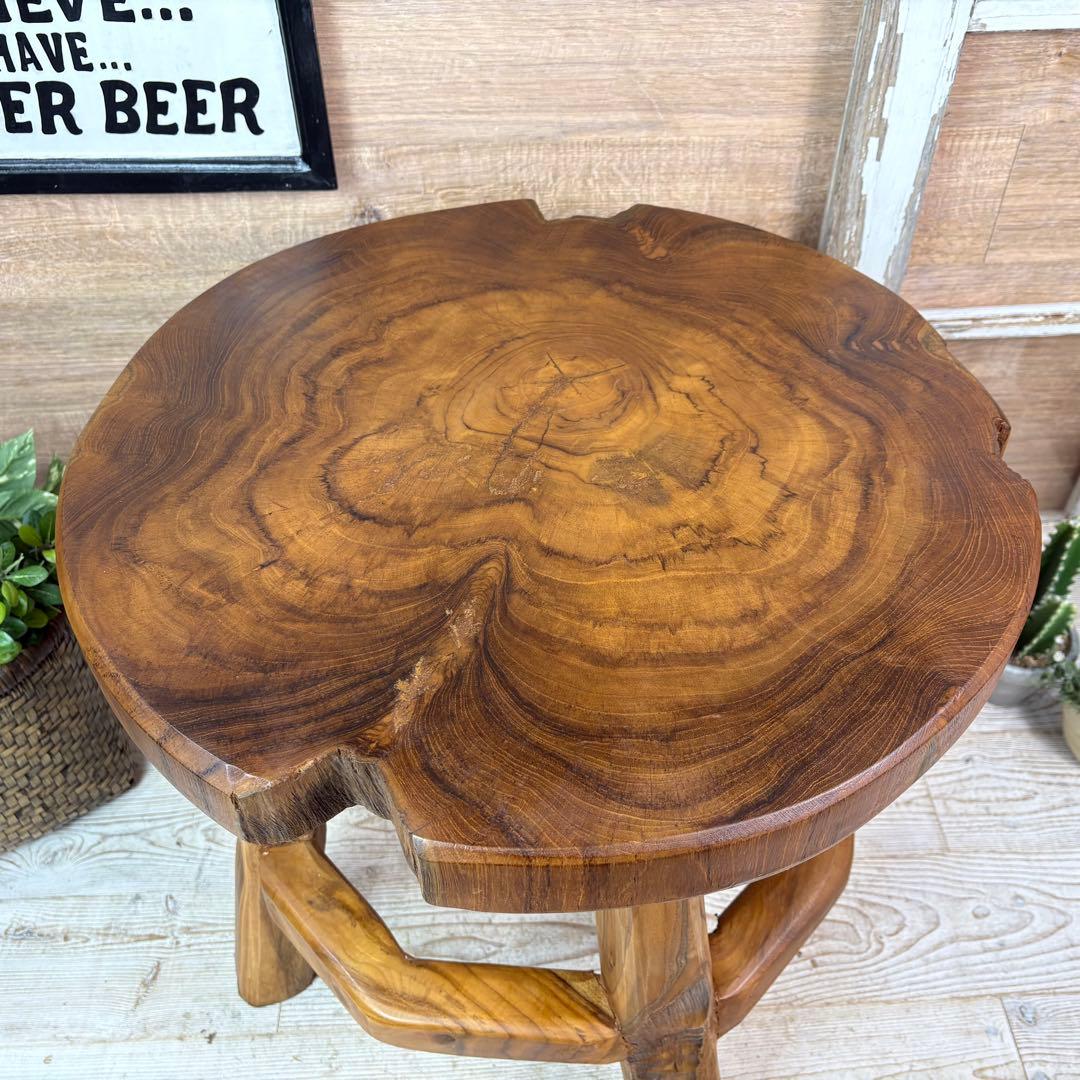 オールドチーク天然無垢材木製創作極太サイドテーブル L（直径55㎝）ウッド飾り台