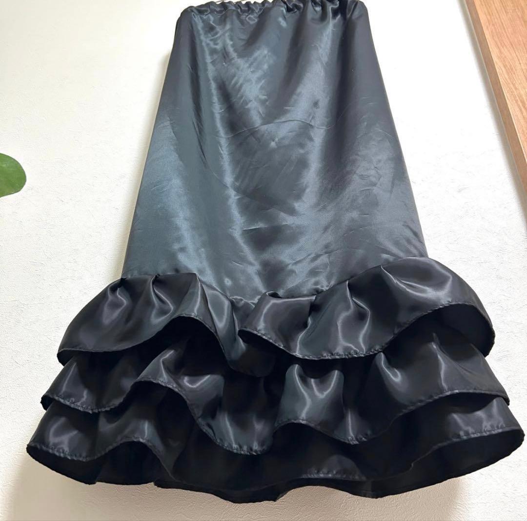 【新品・未使用】スカート裾除け　黒サテン フリル3段