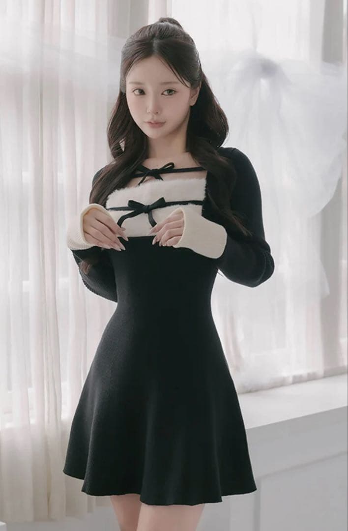 ダーリッチ リボンファーフレアニットミニワンピース ブラック 黒 フリー