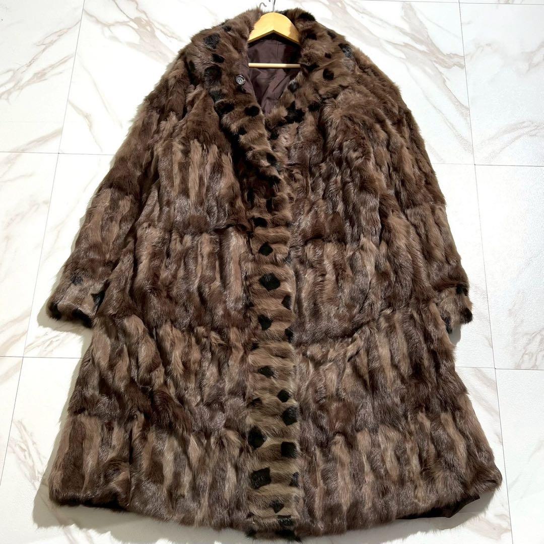 着丈約106cm✨ ロシアンリス ロングコート 本毛皮 デザイン入り ブラウン