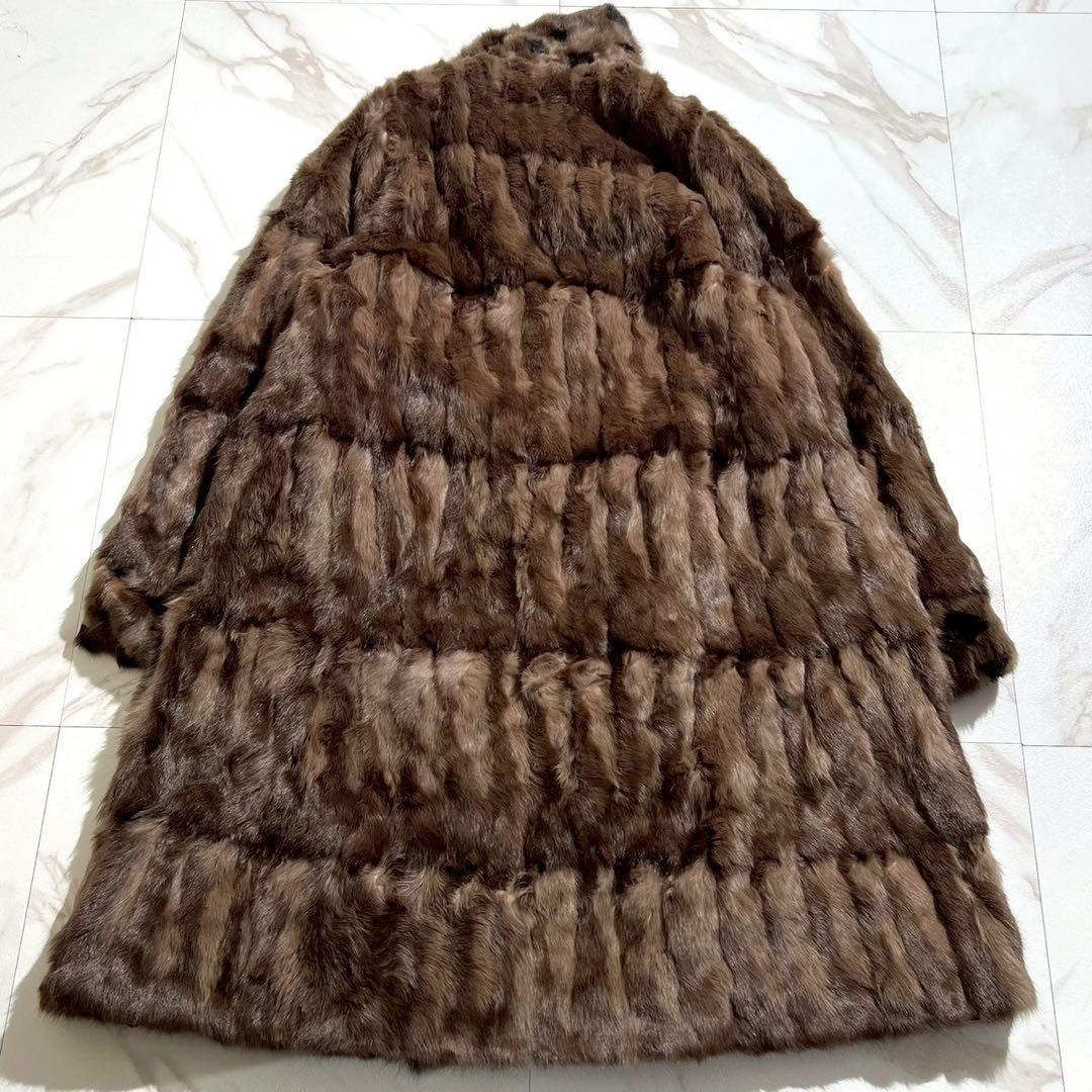 着丈約106cm✨ ロシアンリス ロングコート 本毛皮 デザイン入り ブラウン