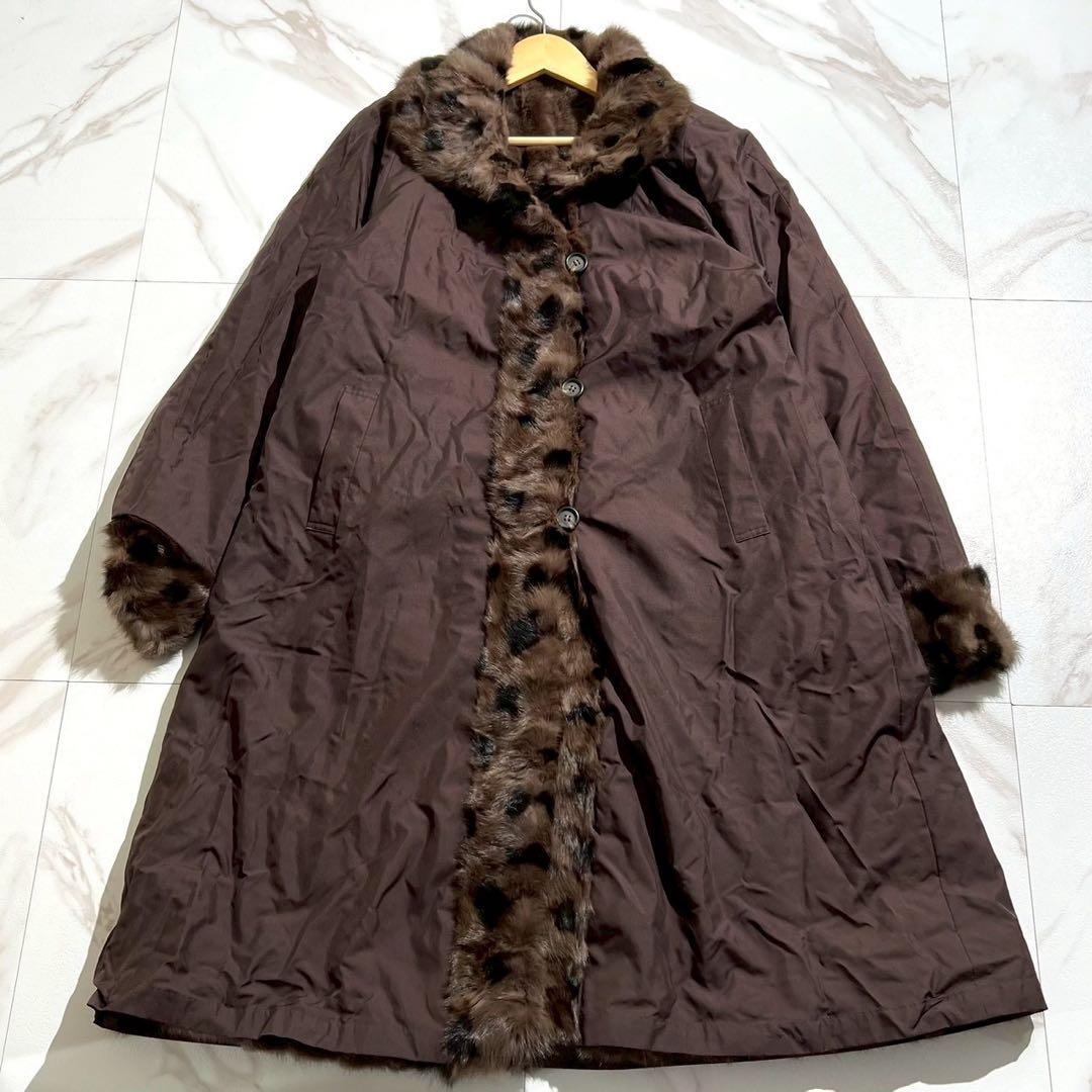 着丈約106cm✨ ロシアンリス ロングコート 本毛皮 デザイン入り ブラウン
