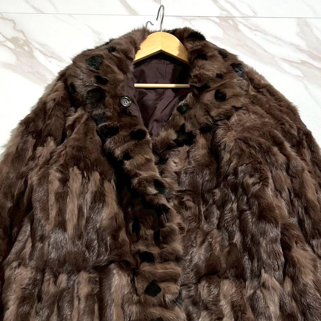 着丈約106cm✨ ロシアンリス ロングコート 本毛皮 デザイン入り ブラウン