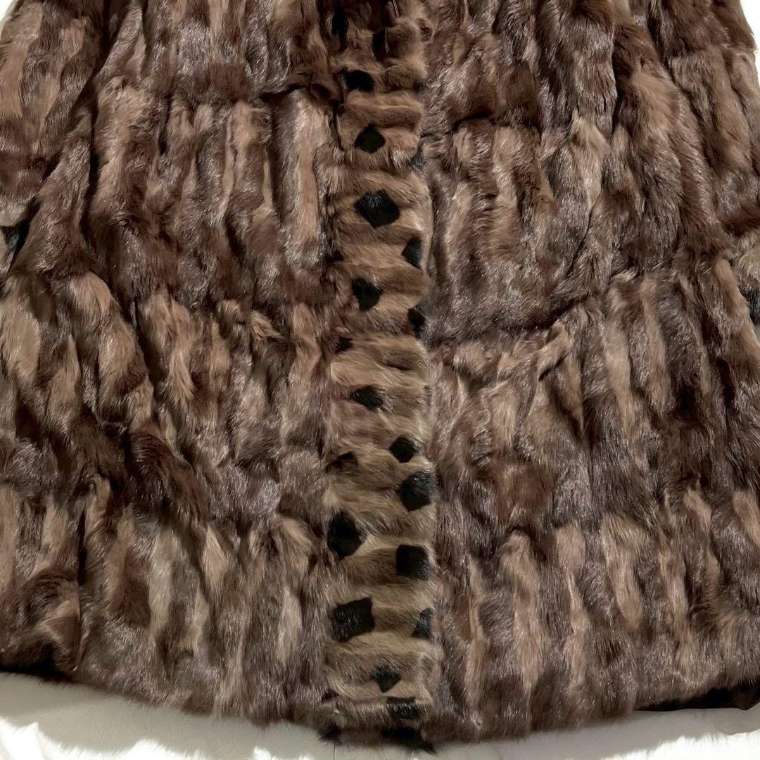 着丈約106cm✨ ロシアンリス ロングコート 本毛皮 デザイン入り ブラウン