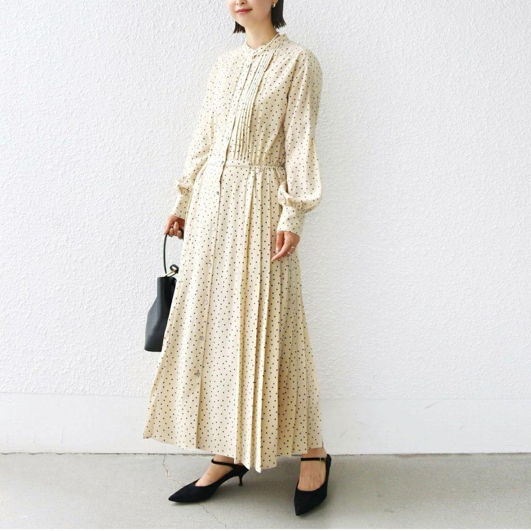 新品タグ付き SHIPS バンドカラー サイドプリーツ ワンピース M 25AW