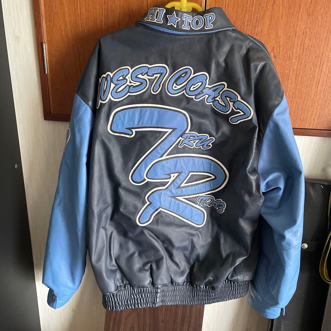 スタジャン 黒/青　本革　オリジナル