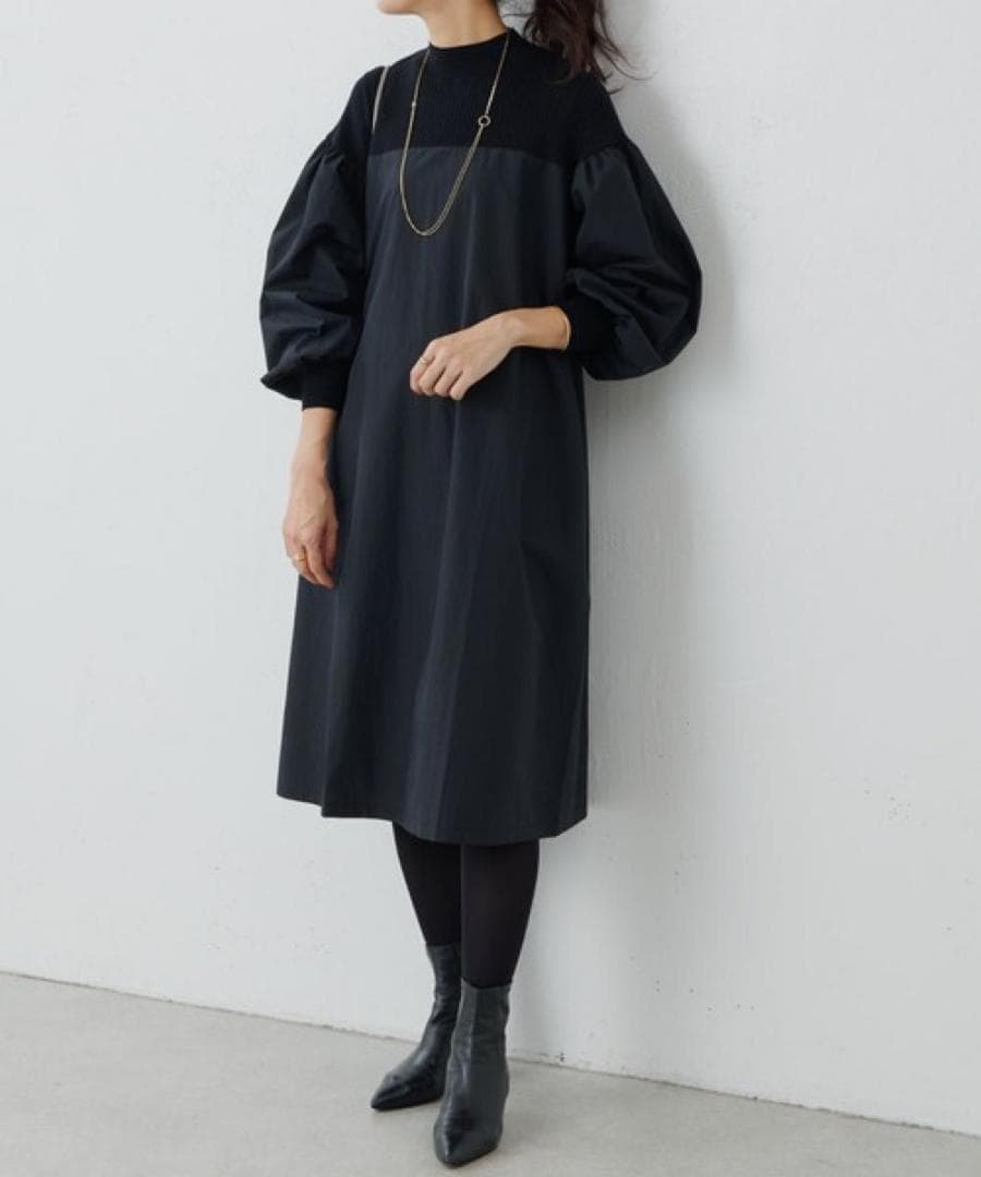 BEARDSLEY　ニットコンビワンピース　ブラック　ビアズリー　洗える　長袖