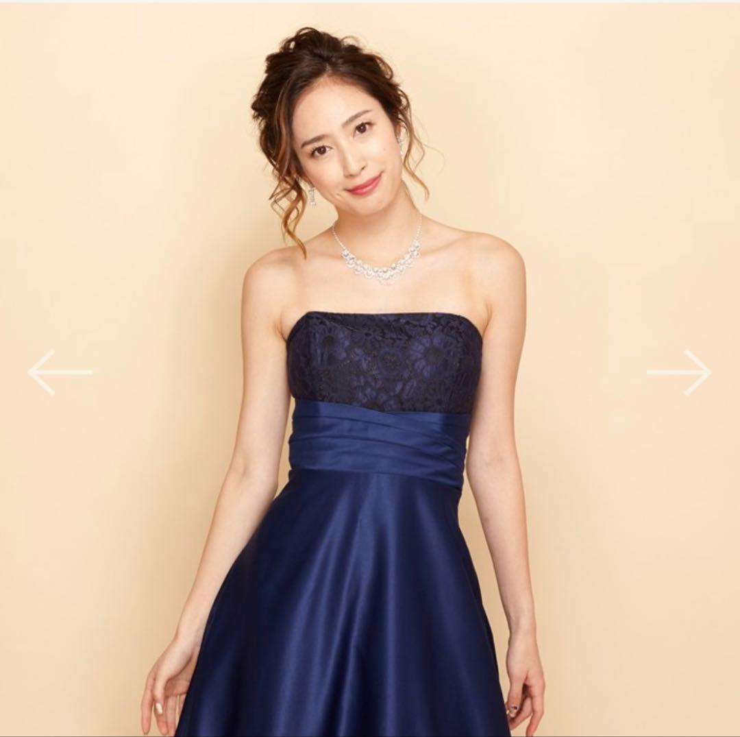 ANNABELLE ネイビーサテンラメフラワーレースロングドレス