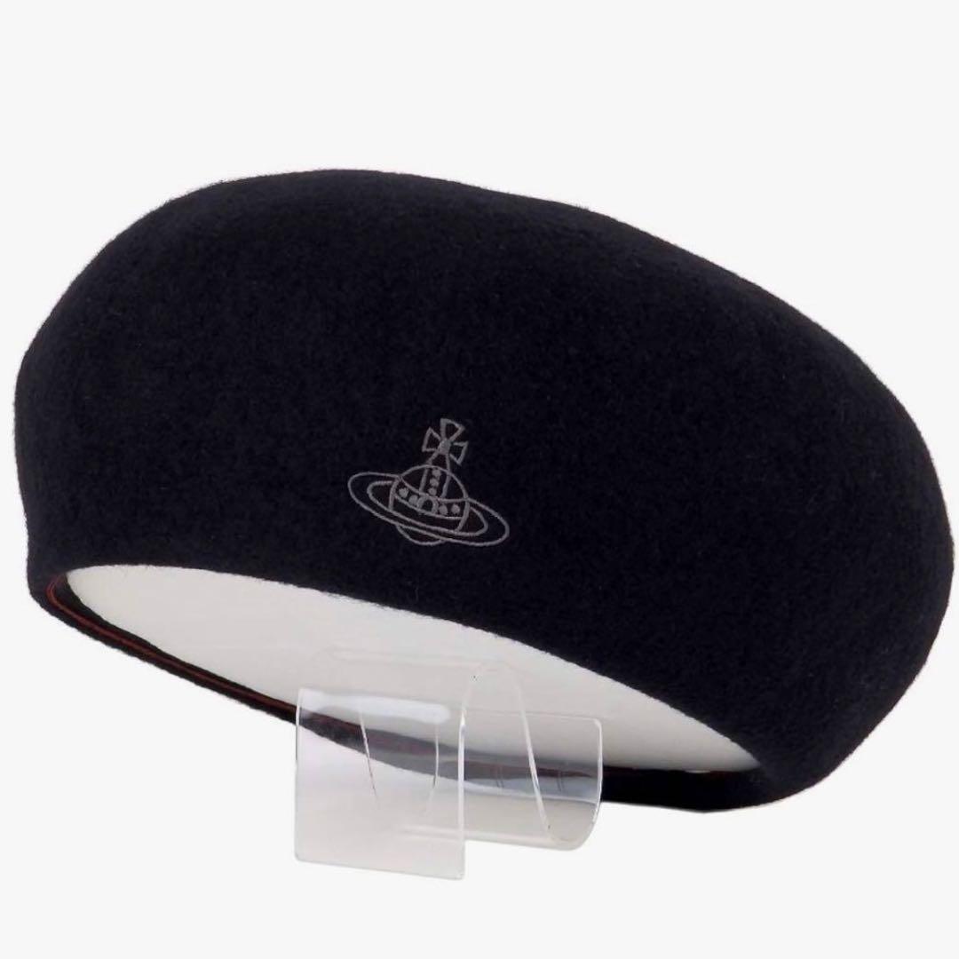 Vivienne 美品 オーブ 刺繍 ウール ベレー帽 帽子 ブラック 黒