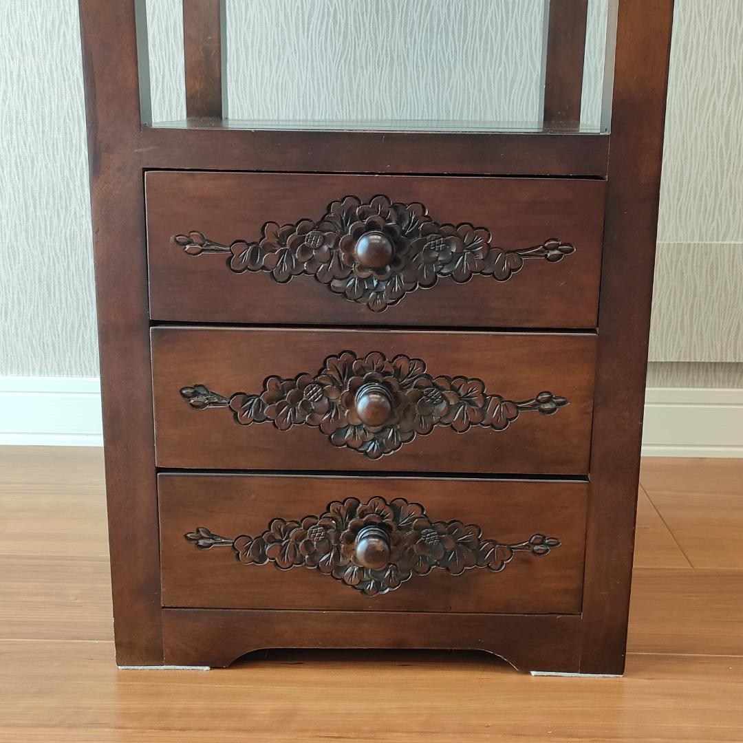 アンティーク　キャビネット　ガラス天板　引き出し4杯