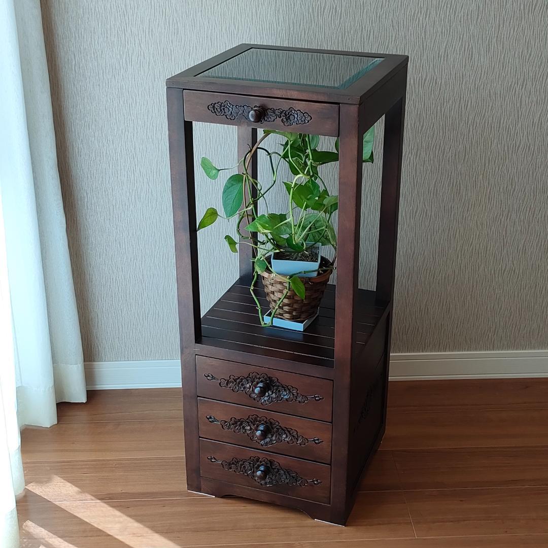 アンティーク　キャビネット　ガラス天板　引き出し4杯