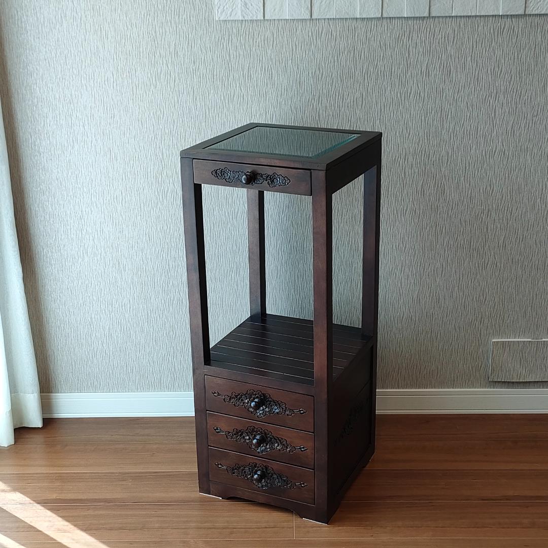 アンティーク　キャビネット　ガラス天板　引き出し4杯