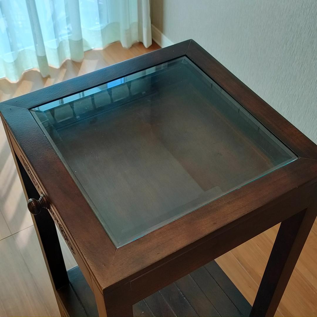 アンティーク　キャビネット　ガラス天板　引き出し4杯