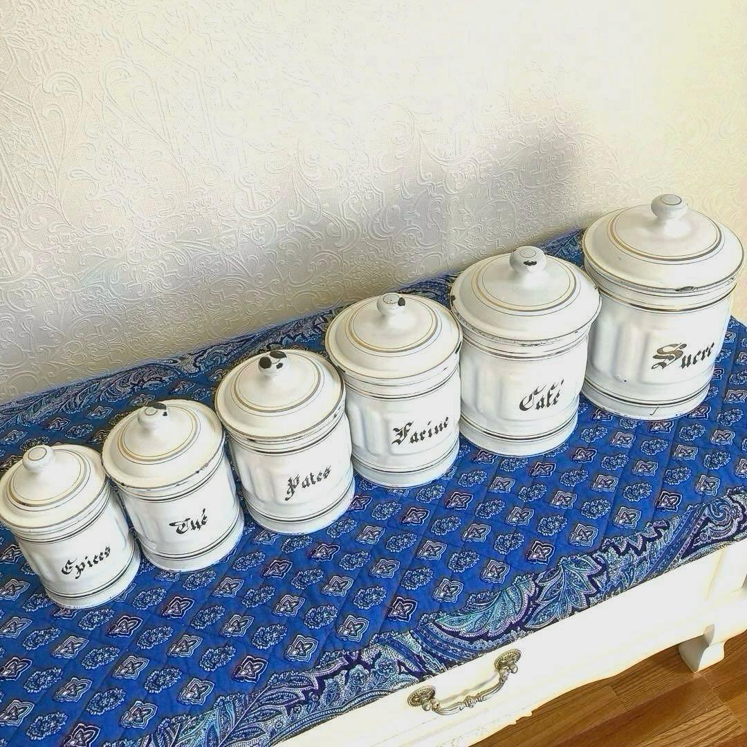 ♪フランスアンティーク キャニスター 琺瑯 6個セット ホワイト 金文字