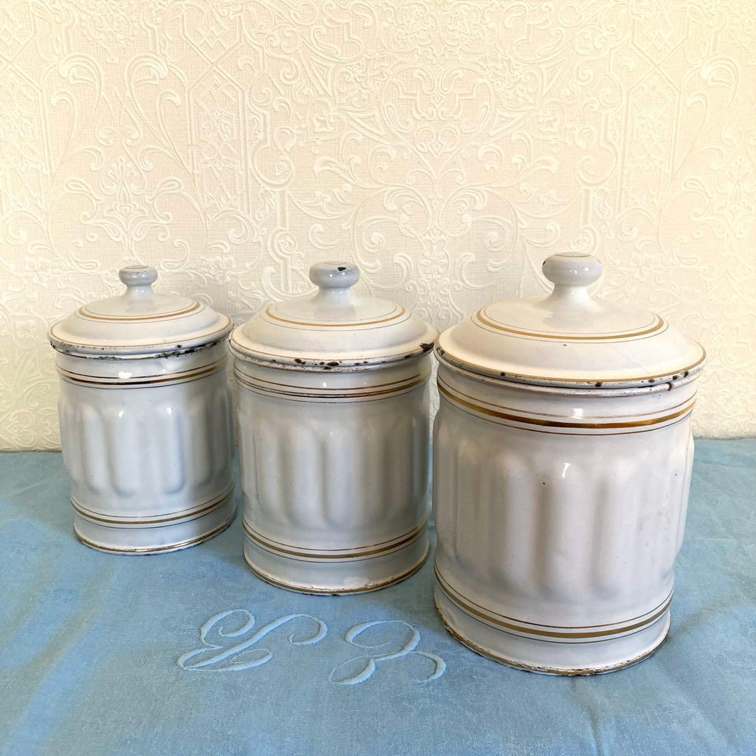 ♪フランスアンティーク キャニスター 琺瑯 6個セット ホワイト 金文字