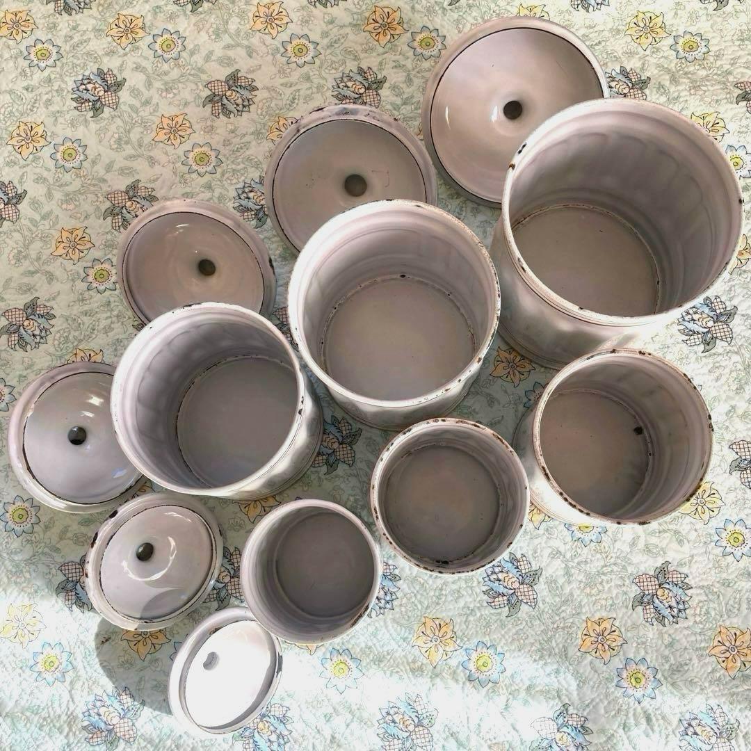 ♪フランスアンティーク キャニスター 琺瑯 6個セット ホワイト 金文字