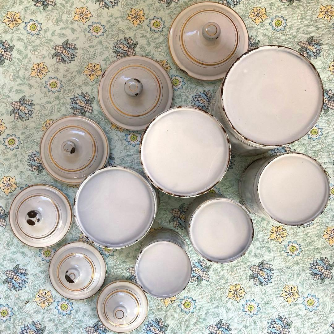 ♪フランスアンティーク キャニスター 琺瑯 6個セット ホワイト 金文字