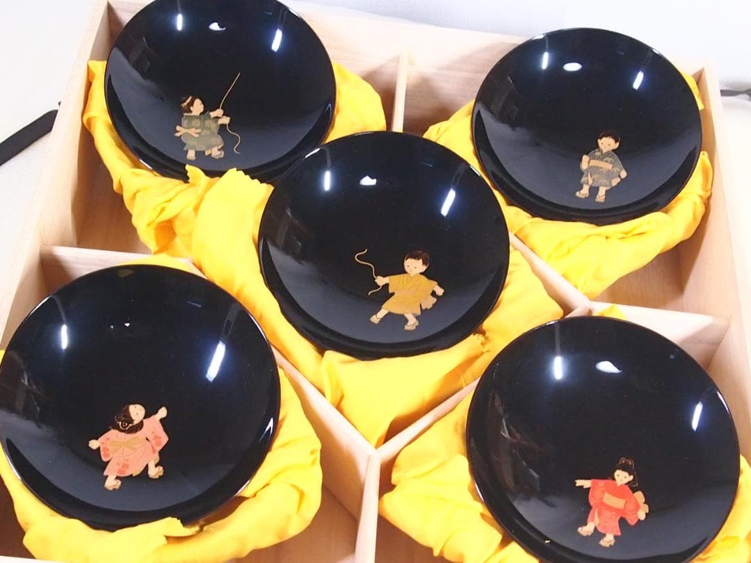 【未使用】輪島塗 童蒔絵 煮物椀 5客 千筋木地呂塗 雑煮椀/大椀 信斎/松斎