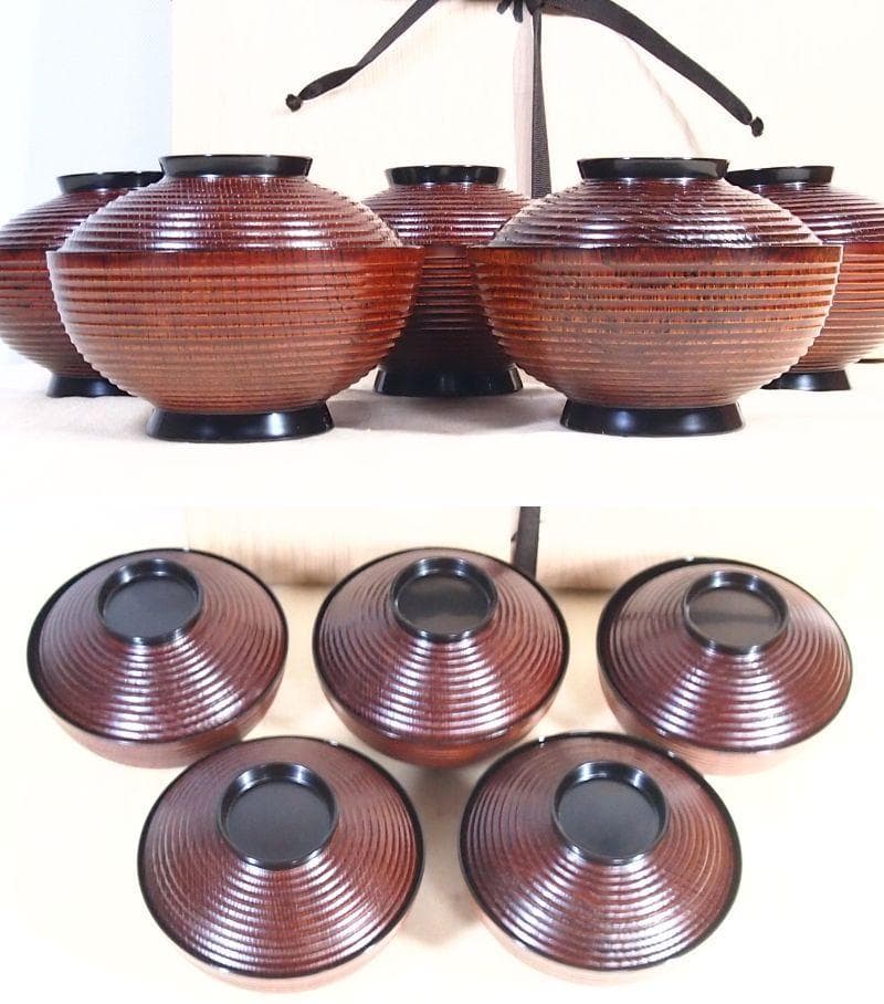 【未使用】輪島塗 童蒔絵 煮物椀 5客 千筋木地呂塗 雑煮椀/大椀 信斎/松斎