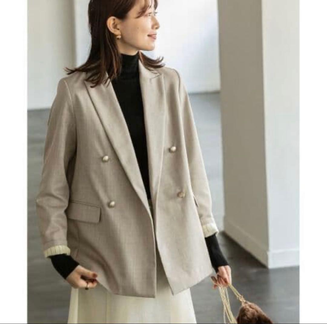Noble プレーンピークドラペルダブルジャケット ベージュ 34