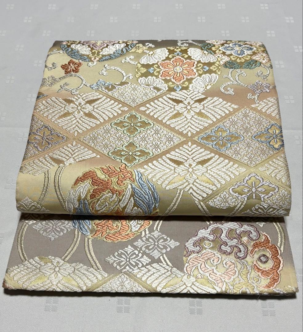 未使用品　和服帯　正絹　本唐織　吉祥文様　袋帯(六通) 帯封付