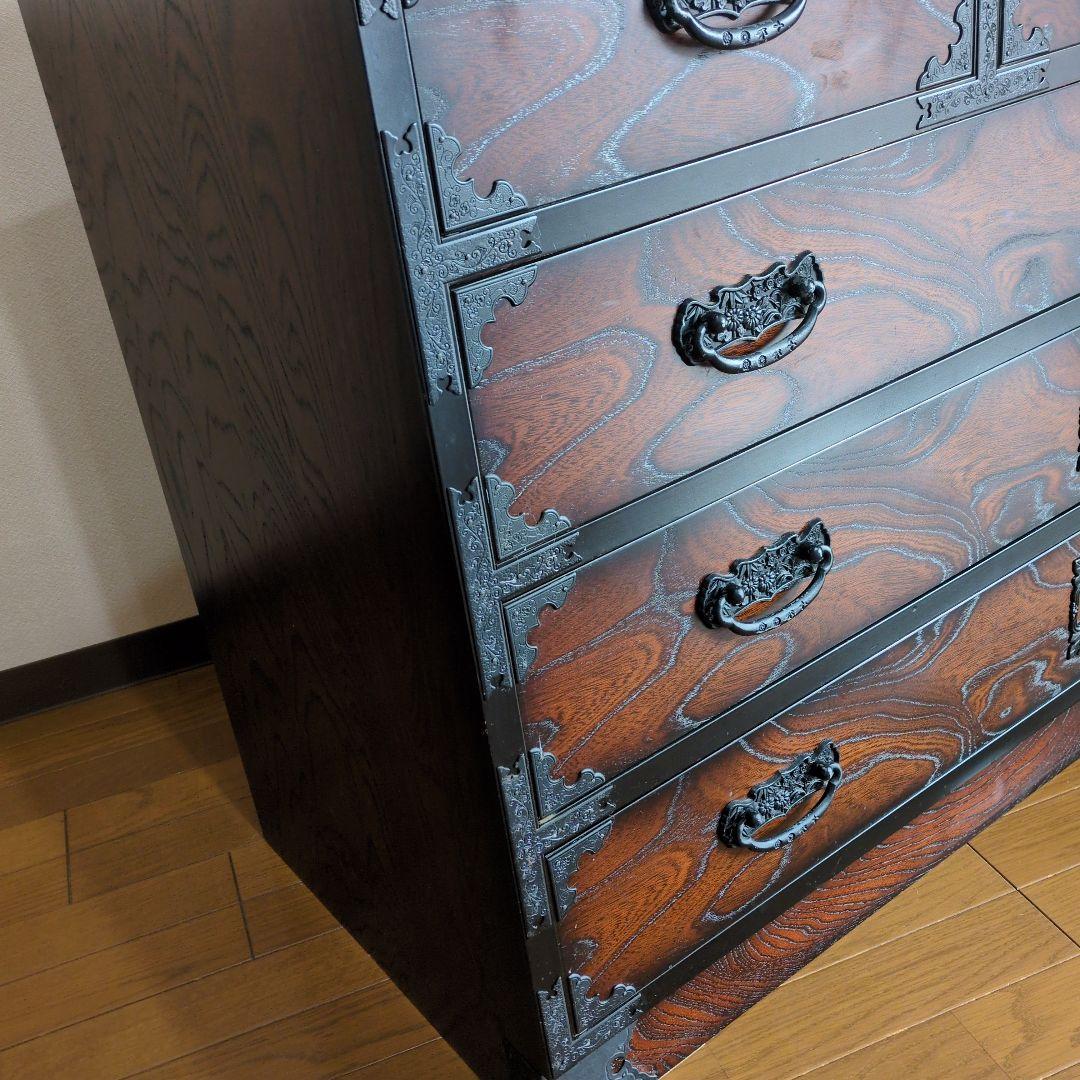 民芸家具 欅天然木化粧合板 整理箪笥 時代箪笥 4段チェスト 鉄金具 和家具