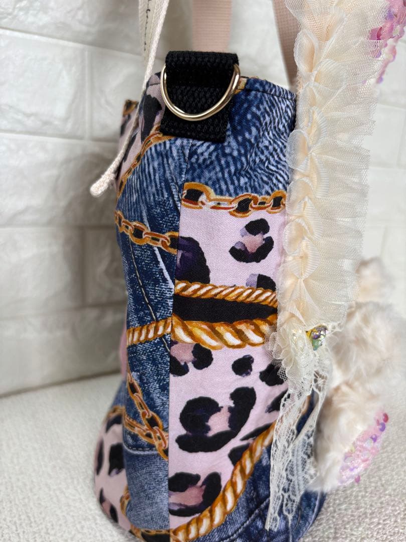 ト*助様 コヤンイサムチョン　ハンドメイド　丸底トートバッグ　デニムヒョウ柄　ル