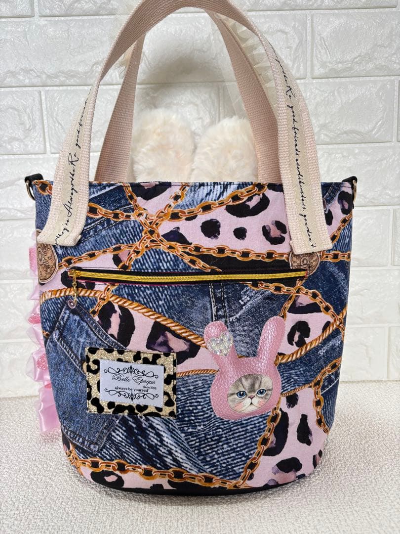 ト*助様 コヤンイサムチョン　ハンドメイド　丸底トートバッグ　デニムヒョウ柄　ル